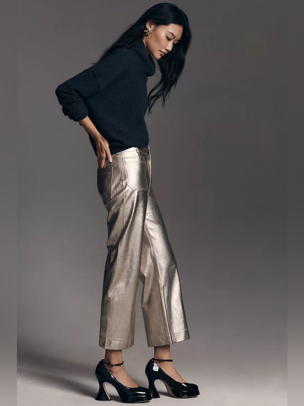 Maeve by Anthropologie The Colette Crop Wide Leg Gold Metallic Pant Sz 27